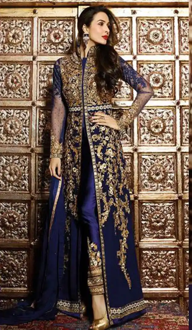 Bollywood Actress Malaika Arora Khan In Navy Blue Color Stitched Kameez with Dupatta | FH441669723