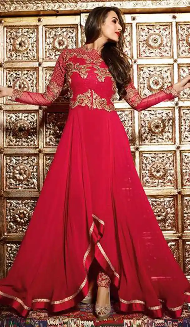 Bollywood Actress Malaika Arora Khan In Crimson Color Stitched Kameez with Dupatta | FH441669725