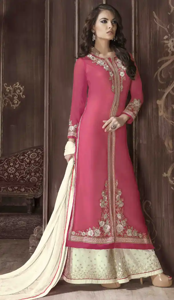 Salmon Color and Georgette Fabric Party Wear Stitched Salwar Suit with Matching Dupatta | FH441769726