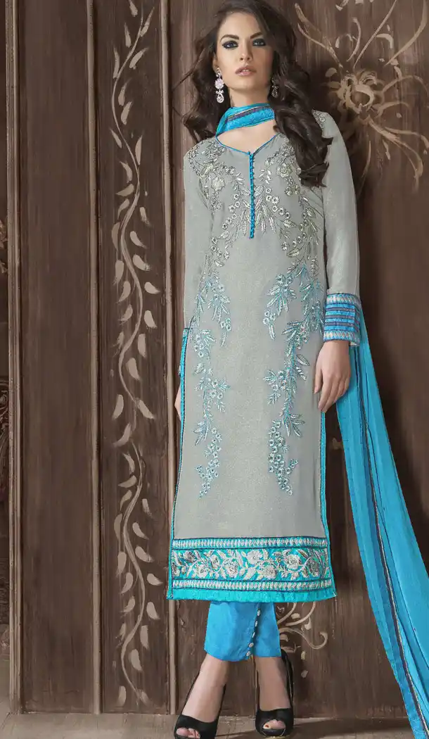 Slate Gray Color and Georgette Fabric Party Wear Stitched Salwar Suit with Matching Dupatta | FH441769727