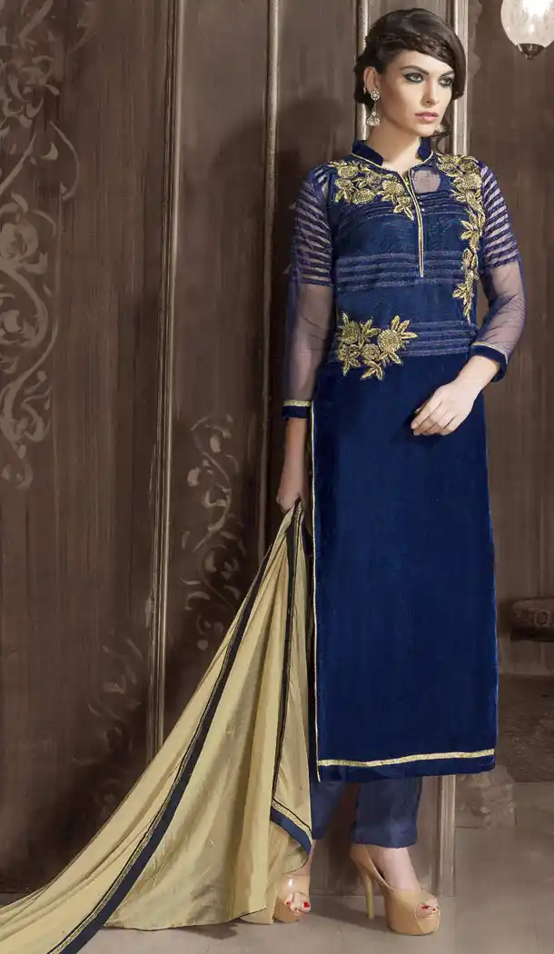 Navy Blue Color and Velvet Fabric Party Wear Stitched Salwar Suit with Matching Dupatta | FH441769729
