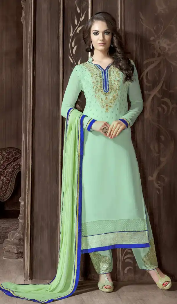 Aloe Vera Green Color and Georgette Fabric Party Wear Stitched Salwar Suit with Matching Dupatta | FH441769730