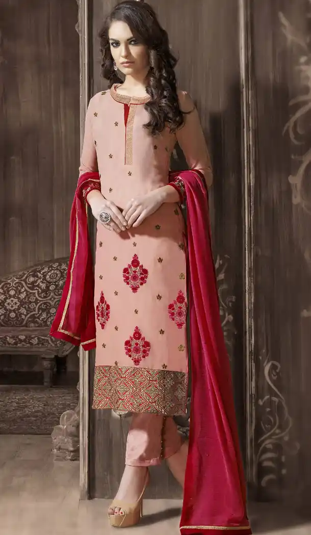 Salmon Color and Georgette Fabric Party Wear Stitched Salwar Suit with Matching Dupatta | FH441769737