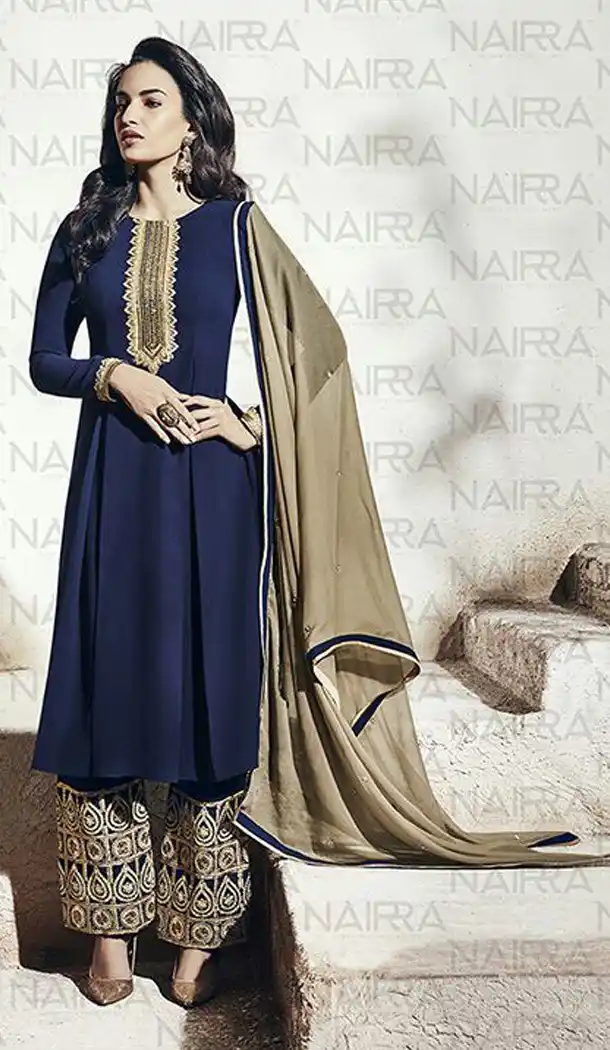 Navy Blue Color Georgette Party Wear Designer Stitched Palazzo Suits with Dupatta | FH441869742