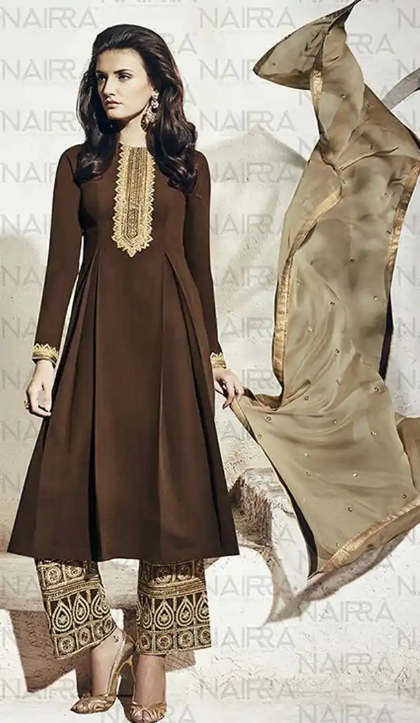 Chocolate Color Georgette Party Wear Designer Stitched Palazzo Suits with Dupatta | FH441869743