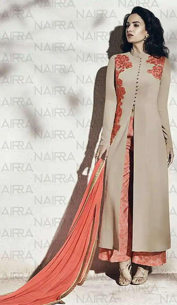 Tan Brown Color Georgette Party Wear Designer Stitched Palazzo Suits with Dupatta | FH441869745