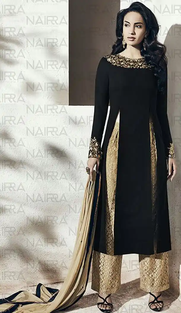 Black Color Georgette Party Wear Designer Stitched Palazzo Suits with Dupatta | FH441869748