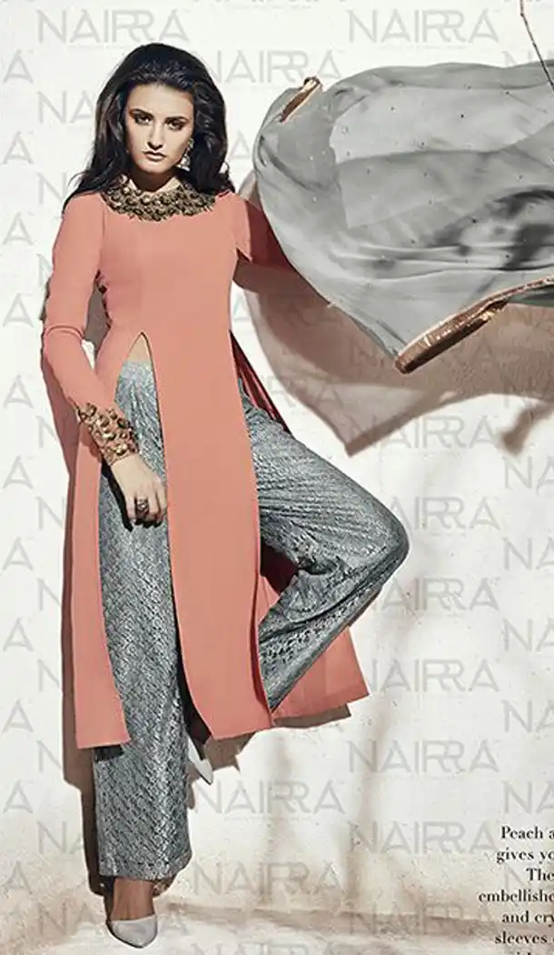 Peach Puff Color Georgette Party Wear Designer Stitched Palazzo Suits with Dupatta | FH441869749