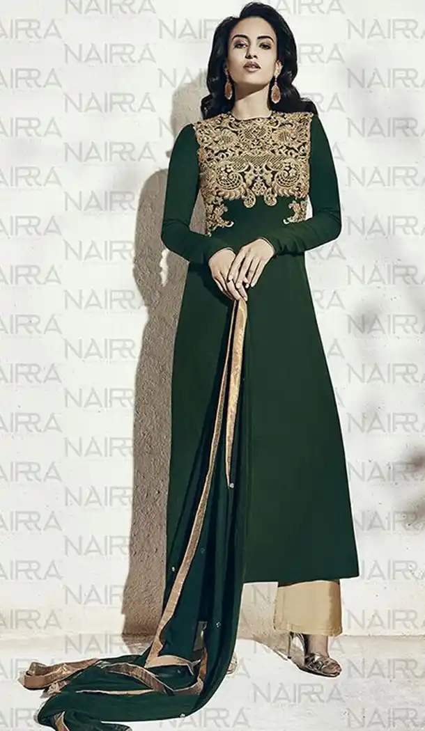Bottle Green Color Georgette Party Wear Designer Stitched Palazzo Suits with Dupatta | FH441869750