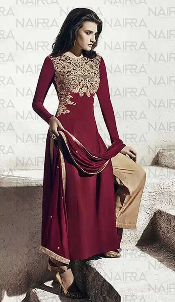 Maroon Color Georgette Party Wear Designer Stitched Palazzo Suits with Dupatta | FH441869751