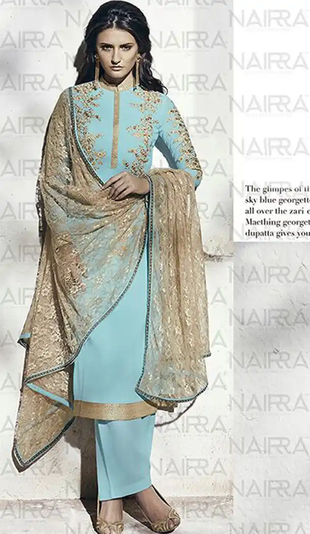 Sky Blue Color Georgette Party Wear Designer Stitched Palazzo Suits with Dupatta | FH441869753