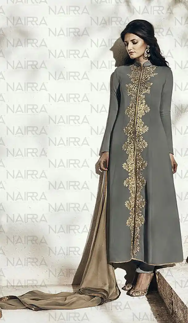 Slate Gray Color Georgette Party Wear Designer Stitched Palazzo Suits with Dupatta | FH441869754