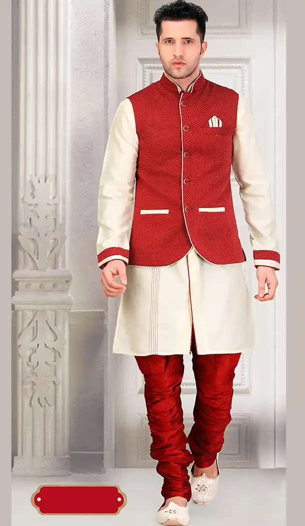 Cream Color Silk Fabric Mens Ethnic Indian Kurta Bridges | FH442169770