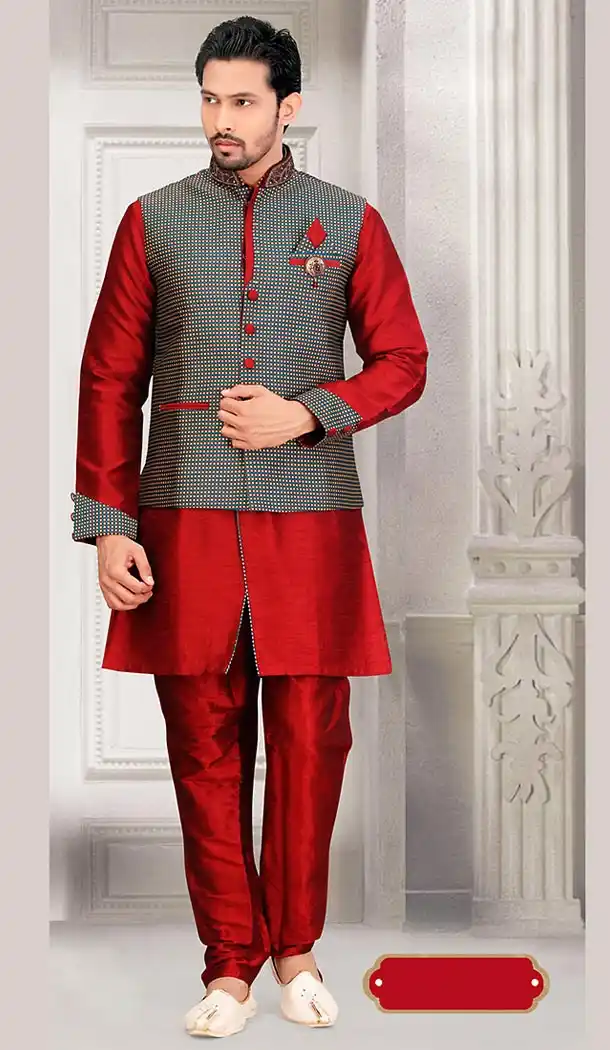 Maroon Color Dupioni Raw Silk Fabric Mens Ethnic Indian Kurta Bridges | FH442169771