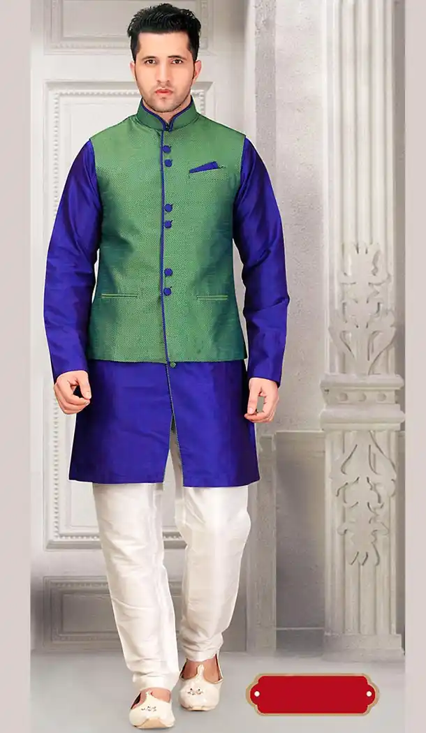 Blue Color Silk Fabric Mens Ethnic Indian Kurta Bridges | FH442169772