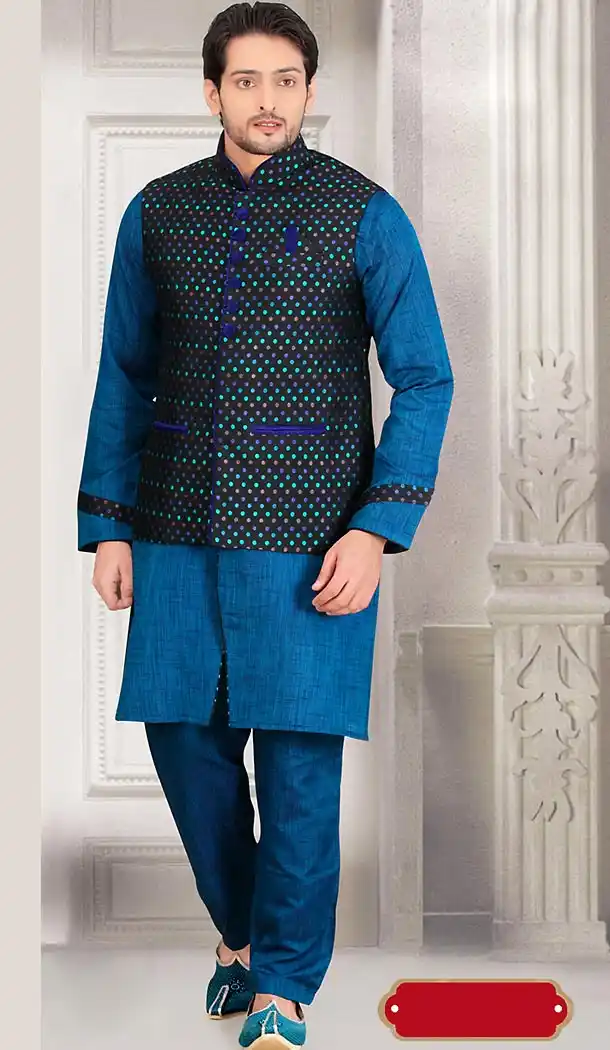 Blue Color Silk Fabric Mens Ethnic Indian Kurta Narrow Pants | FH442169774