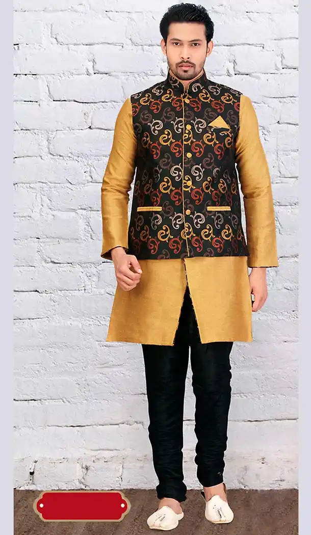 Tan Brown Color Jacquard Fabric Mens Ethnic Indo Western Style | FH442269781