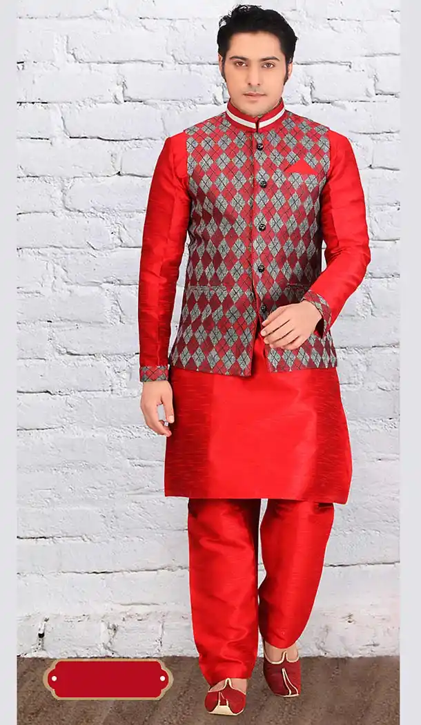 Deep Scarlet Color Dupioni Raw Silk Fabric Mens Ethnic Indo Western Style | FH442269786