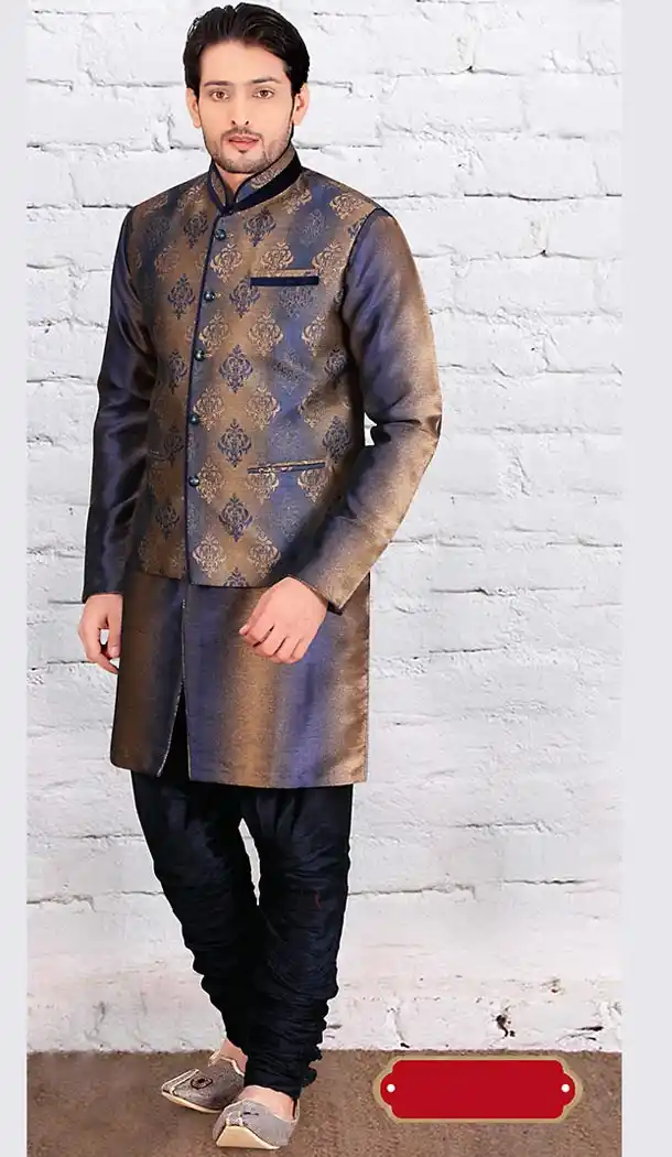 Tan Brown Color Jacquard Fabric Mens Ethnic Indo Western Style | FH442269787