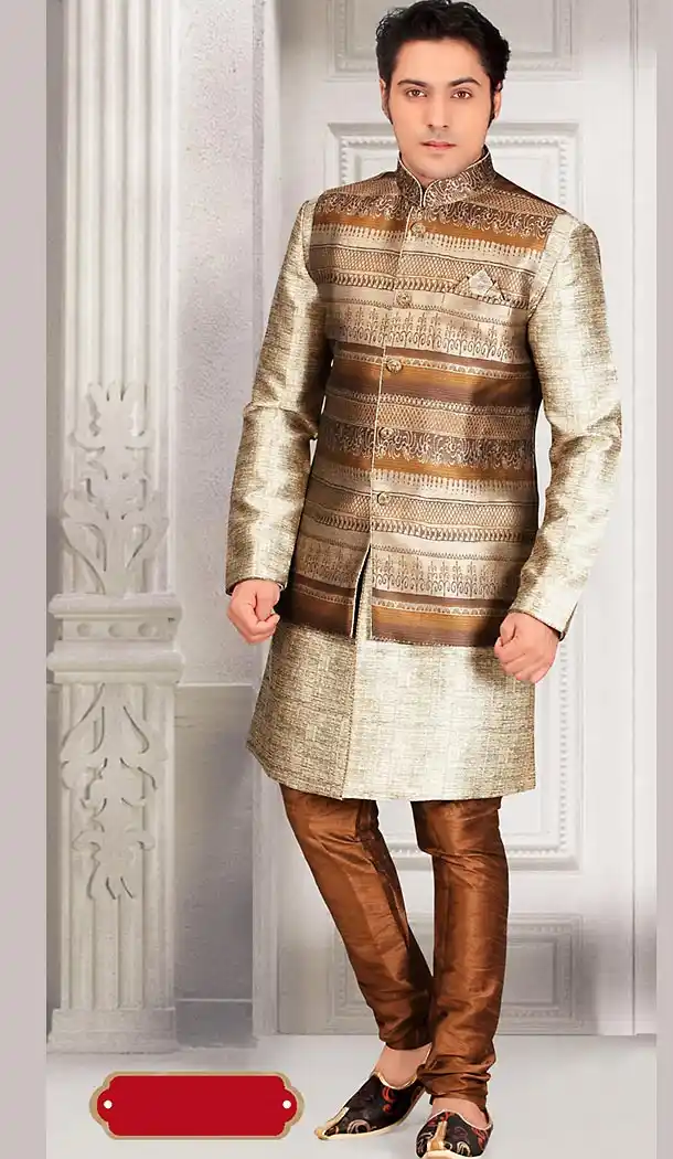 Beige Color Jacquard Fabric Mens Ethnic Indo Western Style | FH442269788