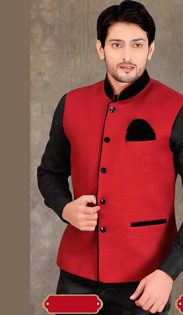 Buy Indo Western Red Color Dupioni Raw Silk Fabric Mens Ethnic Wear