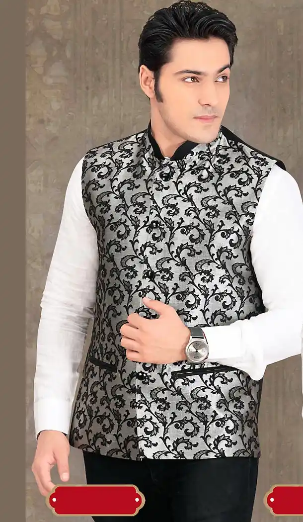 Gray Color Dupioni Raw Silk Fabric Mens Ethnic Waist Coats | FH442569866