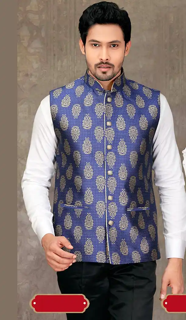 Blue Color Brocade Fabric Mens Ethnic Waist Coats | FH442569874