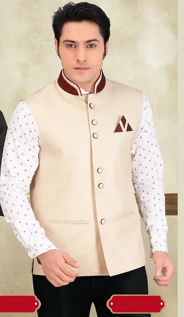 Beige Color Jute Fabric Traditional Look Mens Ethnic Waist Coats | FH442669879