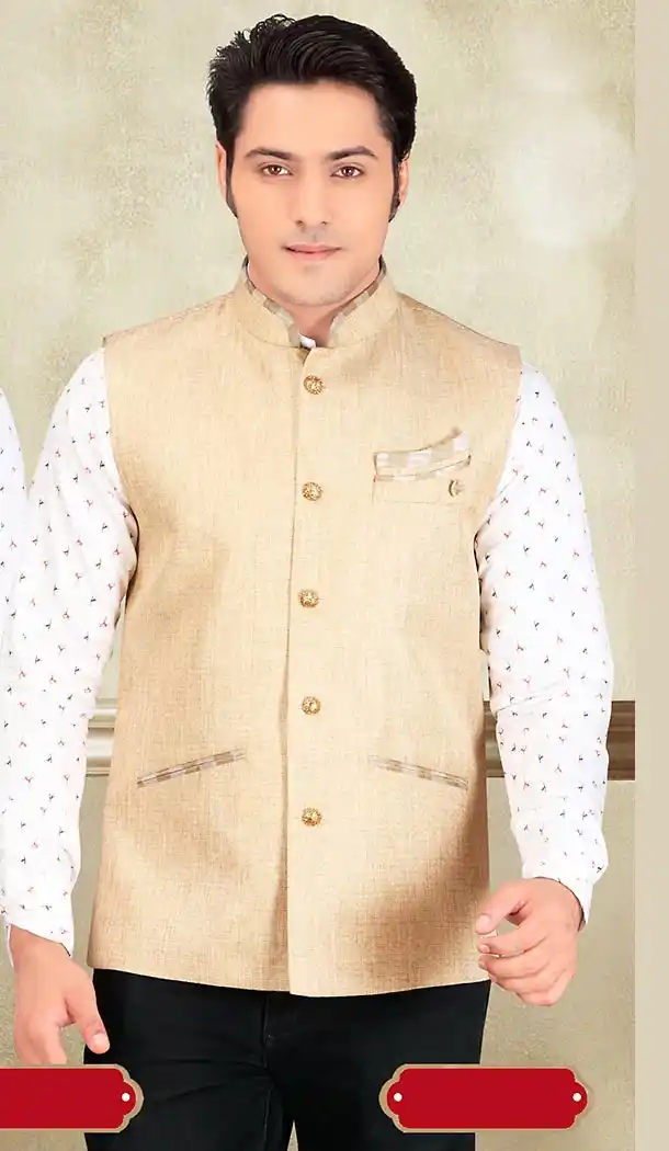 Beige Color Imported Fabric Traditional Look Mens Ethnic Waist Coats | FH442669880