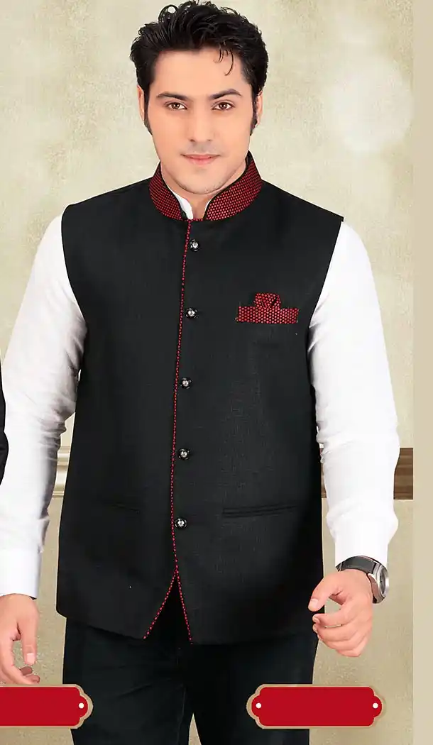 Black Color Jute Fabric Traditional Look Mens Ethnic Waist Coats | FH442669881