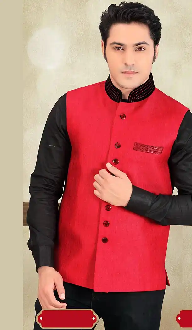 Red Color Jute Fabric Traditional Look Mens Ethnic Waist Coats | FH442669882