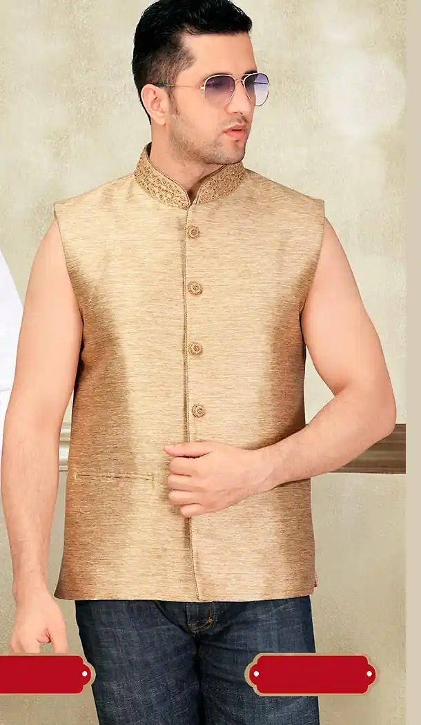 Brown Color Silk Fabric Traditional Look Mens Ethnic Waist Coats | FH442669883