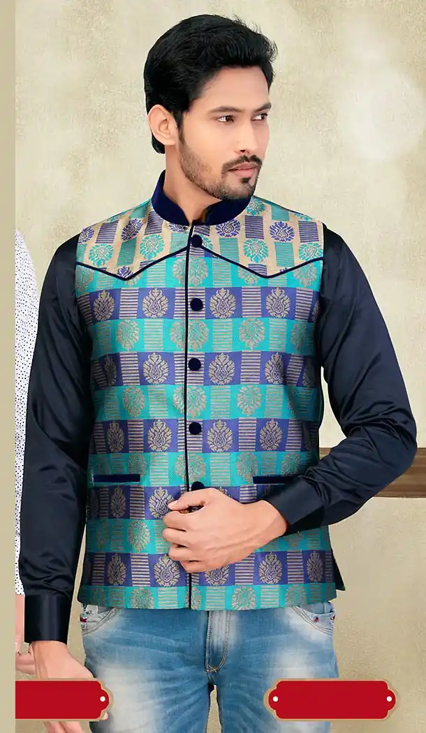 Blue Color Brocade Fabric Traditional Look Mens Ethnic Waist Coats | FH442669886
