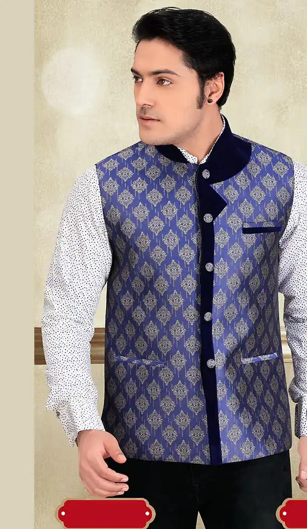 Blue Color Brocade Fabric Traditional Look Mens Ethnic Waist Coats | FH442669887