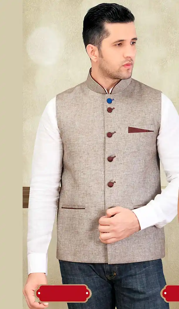 Brown Color Jute Fabric Traditional Look Mens Ethnic Waist Coats | FH442669888