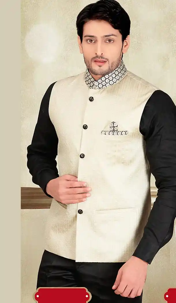 Cream Color Silk Fabric Traditional Look Mens Ethnic Waist Coats | FH442669889