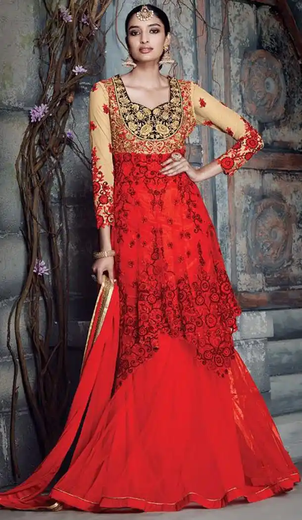 Deep Scarlet Color Net Anarkali Salwar Stitched Suits with Dupatatta | FH442869834