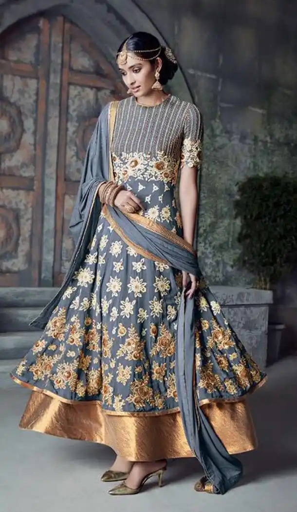 Slate Gray Color Georgette Anarkali Salwar Stitched Suits with Dupatatta | FH442869835