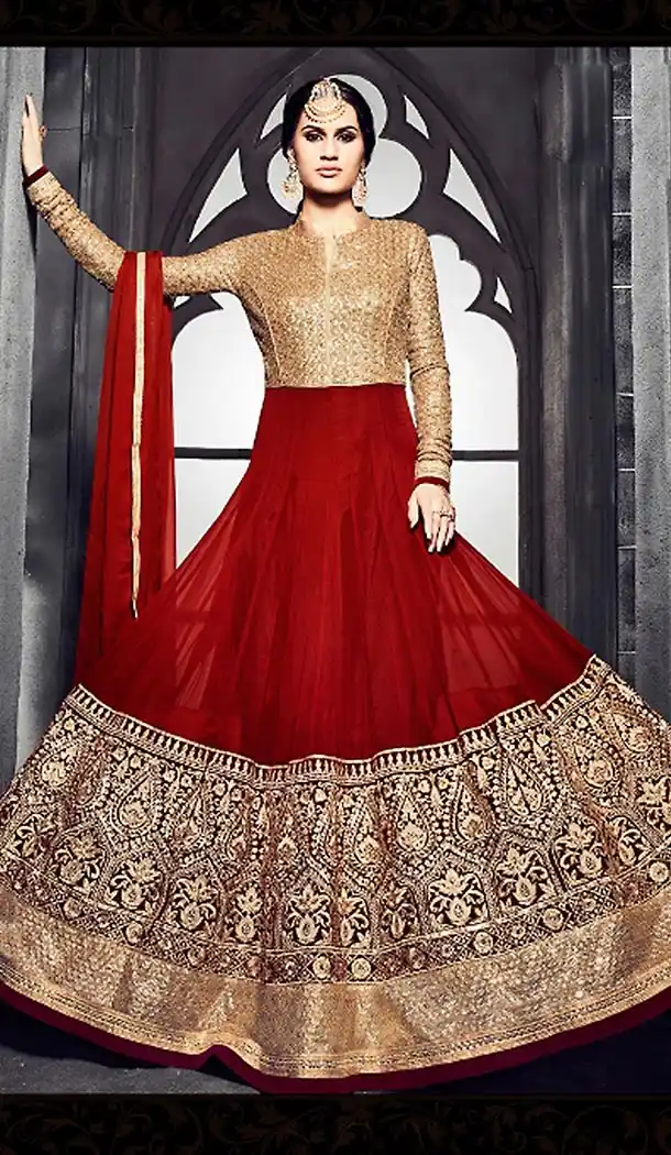 Brick Red Color Georgette Long Anarkali Salwar Stitched Suits with Dupatatta | FH443169890
