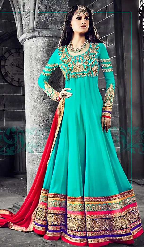 Turquoise Color Georgette Long Anarkali Salwar Stitched Suits with Dupatatta | FH443169891