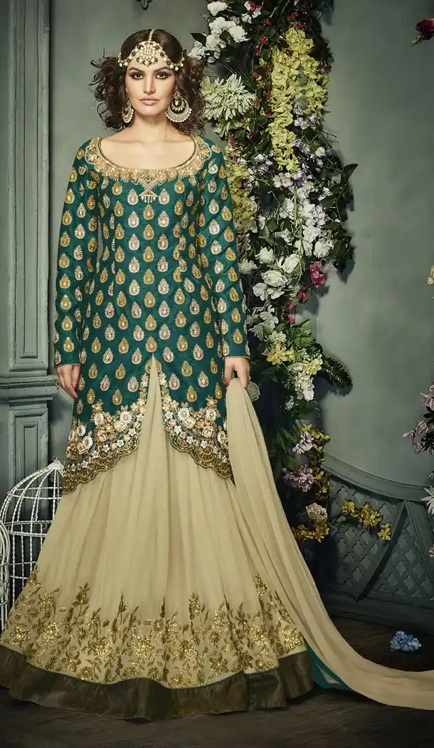 Bottle Green Color Silk Fabric Party Wear Stitched Gowns with Dupatta | FH443269896