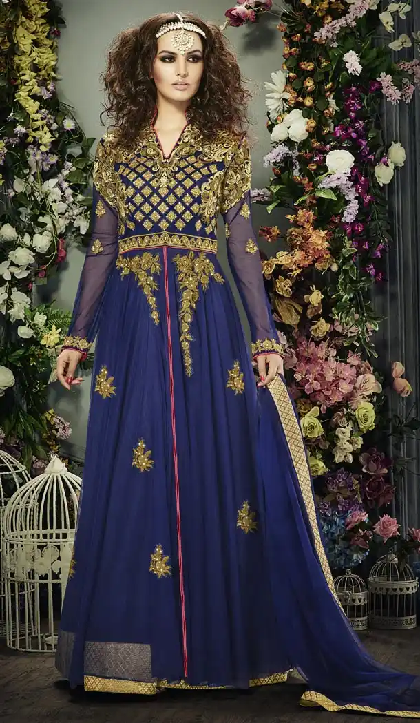 Navy Blue Color Silk Fabric Party Wear Stitched Gowns with Dupatta | FH443269897