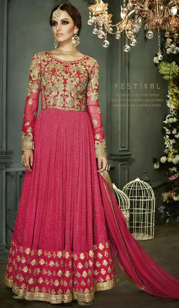 Crimson Color Net Fabric Party Wear Stitched Gowns with Dupatta | FH443269899