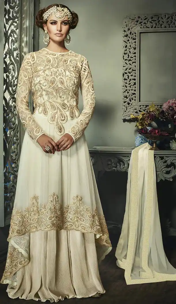 Off White Color Net Fabric Party Wear Stitched Gowns with Dupatta | FH443269901
