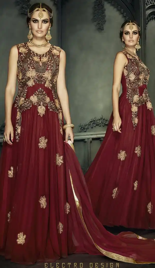 Maroon Color Net Fabric Party Wear Stitched Gowns with Dupatta | FH443269902
