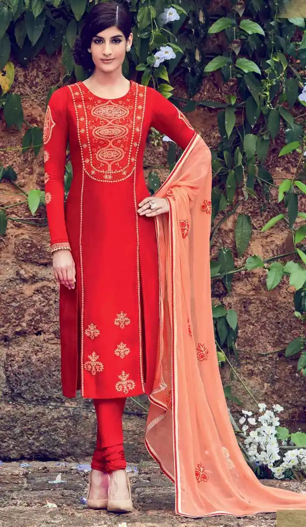 Deep Scarlet Color Cotton and Satin Fabric Stitched Casual Salwar Suits with Dupatta | FH443369905