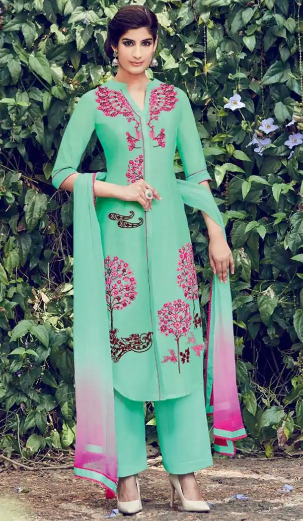 Turquoise Color Cotton and Satin Fabric Stitched Casual Salwar Suits with Dupatta | FH443369906