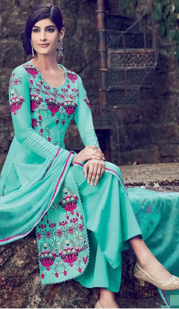 Turquoise Color Cotton and Satin Fabric Stitched Casual Salwar Suits with Dupatta | FH443369908