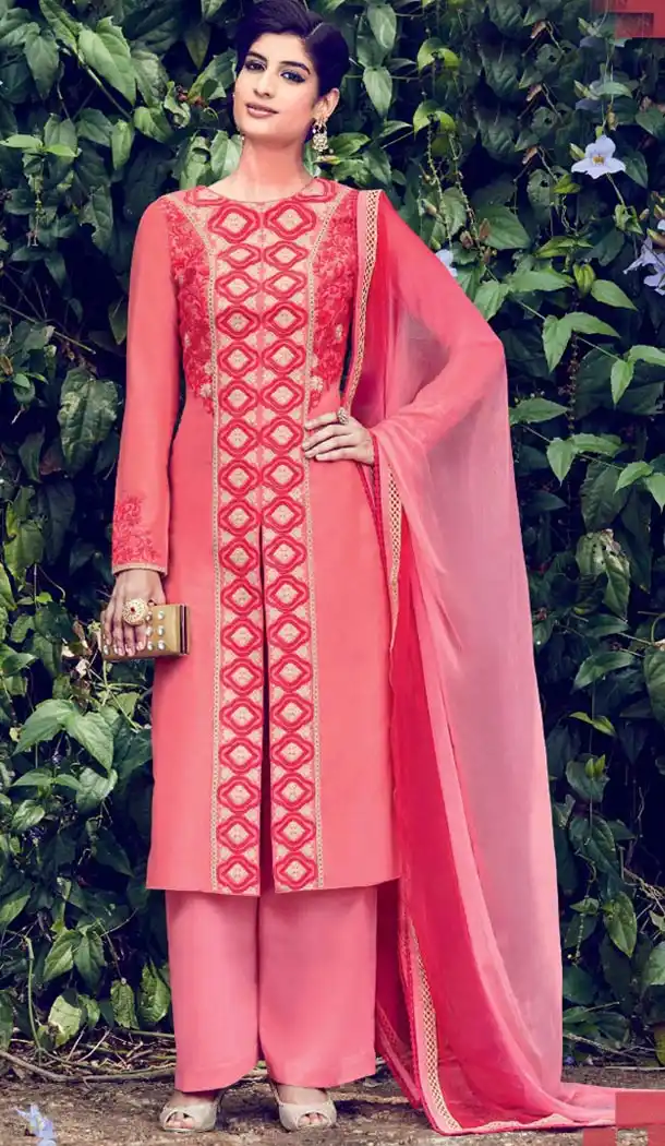 Salmon Color Cotton and Satin Fabric Stitched Casual Salwar Suits with Dupatta | FH443369909