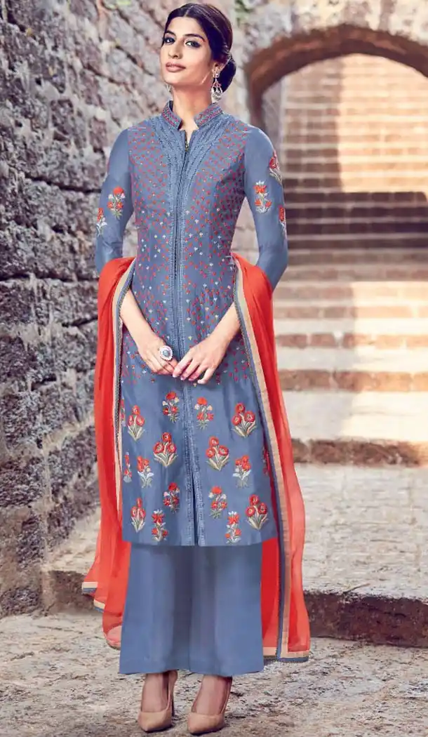 Steel Blue Color Cotton and Satin Fabric Stitched Casual Salwar Suits with Dupatta | FH443369910